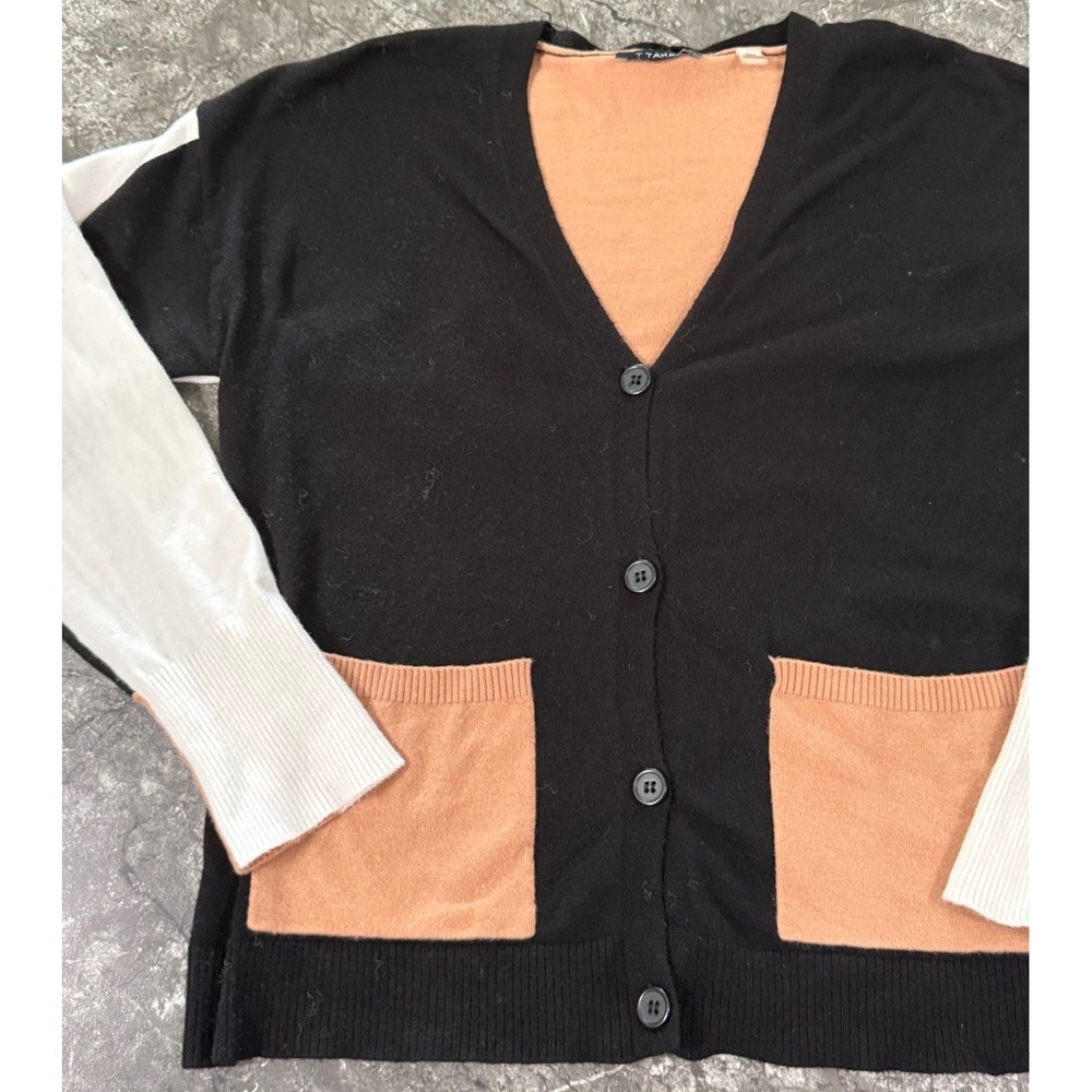 TAHARI Womens Lightweight Button Front Color Block Sweater Cardigan Pockets Sz M